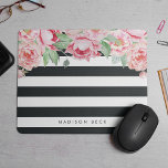 Antique Pink Peony & Charcoal Stripe Mouse Pad<br><div class="desc">Modern peony floral mousepad features chic off-black charcoal stripes with a bouquet of blush pink and sage green watercolor peonies blooming from the top. Personalize with a name,  monogram or message using the field provided.</div>