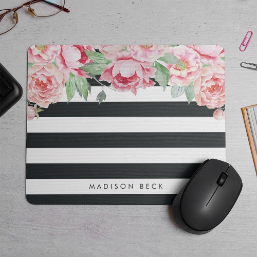Antique Pink Peony  Charcoal Stripe Mouse Pad