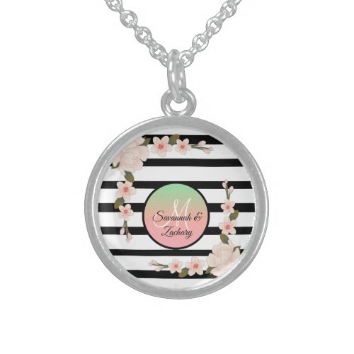 Antique Pink Peony  Charcoal Stripe  Sterling Silver Necklace