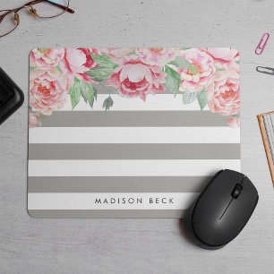 Antique Pink Peony & Greige Taupe Stripe Mouse Pad