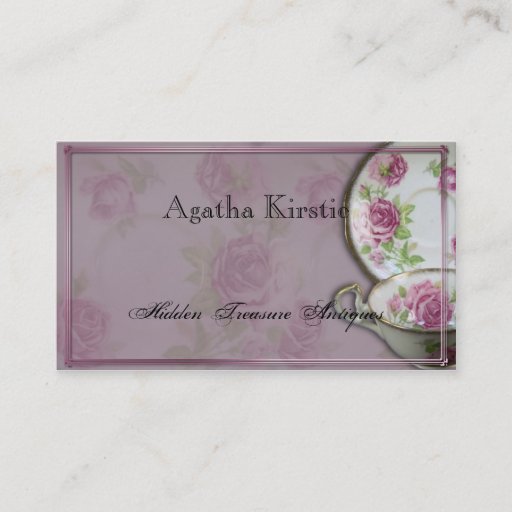 Customizable Antique Pink Rose Tea Cup on Mauve Business Card