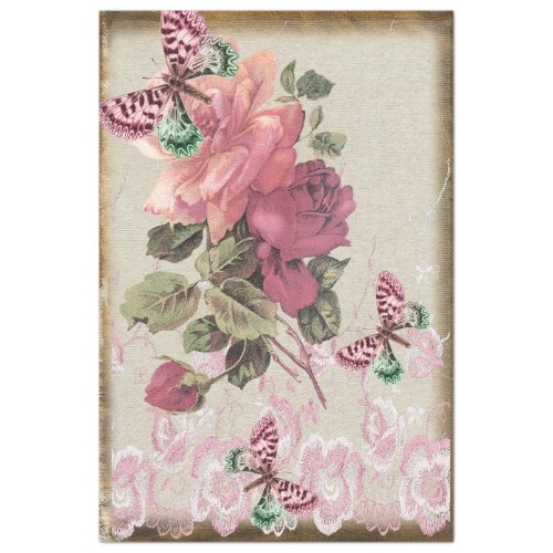 Antique Pink Roses Butterflies and Lace Tissue Paper