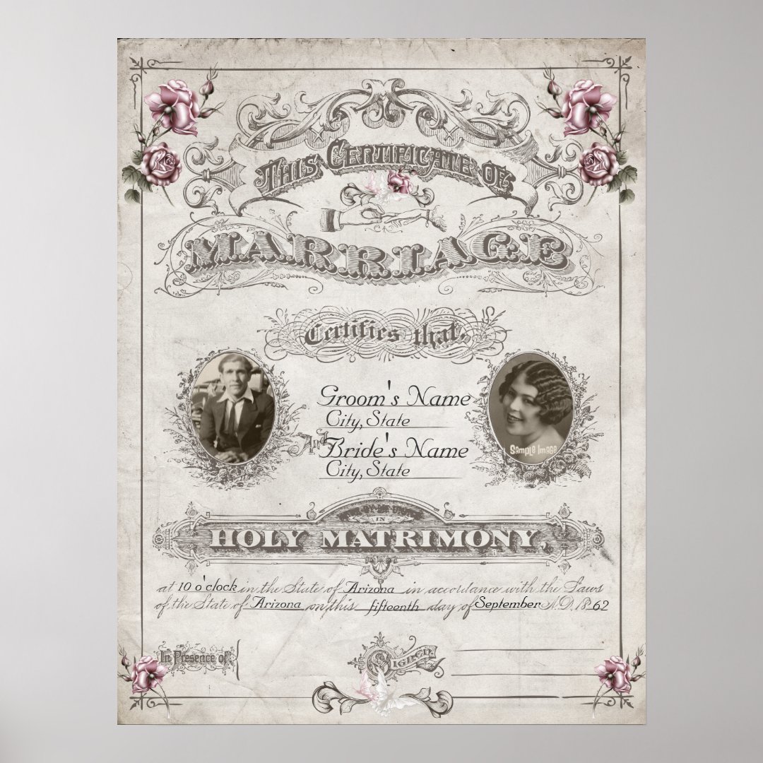 Antique Pink Roses Vintage Marriage Certificate Poster Zazzle