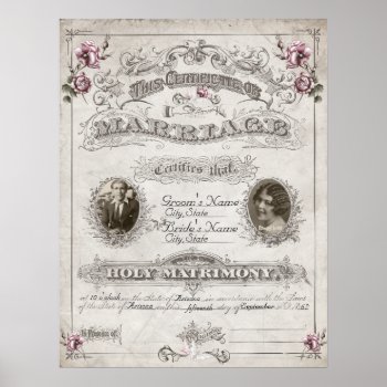 Antique Pink Roses Vintage Marriage Certificate Poster by GranniesAttic at Zazzle
