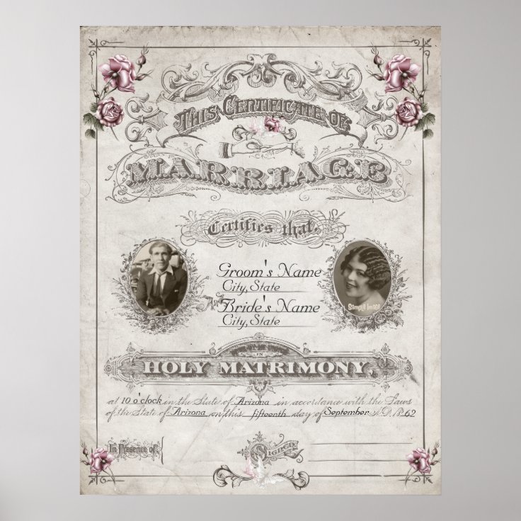 Antique Pink Roses Vintage Marriage Certificate Poster Zazzle
