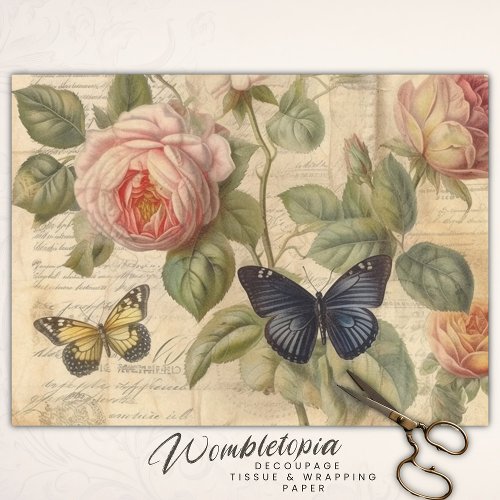 Antique Pink Roses with Butterflies Decoupage   Tissue Paper