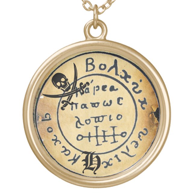 ANTIQUE  PIRATES TREASURE MAP ,SKULL AND SWORDS GOLD PLATED NECKLACE (Front)