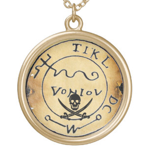 ANTIQUE PIRATES TREASURE MAP ,SKULL AND SWORDS GOLD PLATED NECKLACE