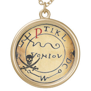 ANTIQUE PIRATES TREASURE MAP ,SKULL AND SWORDS GOLD PLATED NECKLACE