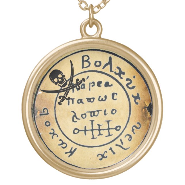 ANTIQUE  PIRATES TREASURE MAP ,SKULL AND SWORDS GOLD PLATED NECKLACE (Front)