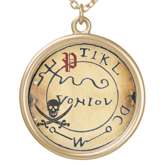 ANTIQUE  PIRATES TREASURE MAP ,SKULL AND SWORDS GOLD PLATED NECKLACE (Front)