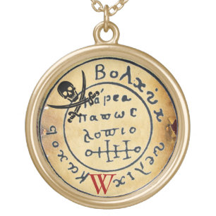 ANTIQUE PIRATES TREASURE MAP ,SKULL AND SWORDS GOLD PLATED NECKLACE