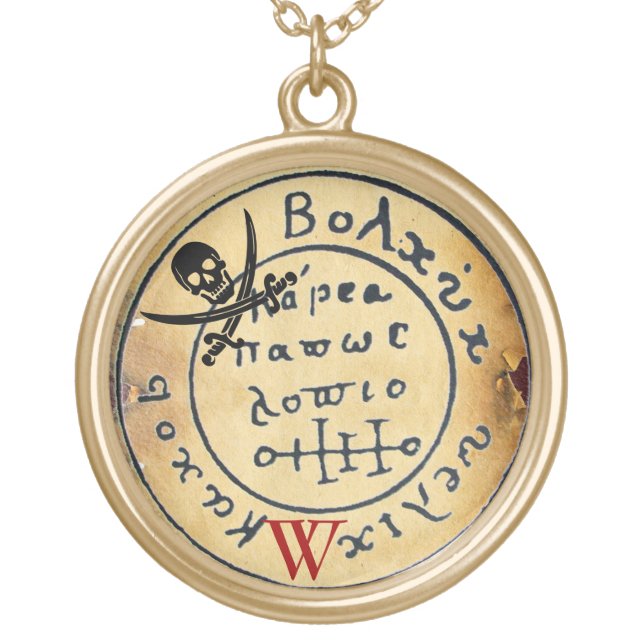 ANTIQUE  PIRATES TREASURE MAP ,SKULL AND SWORDS GOLD PLATED NECKLACE (Front)