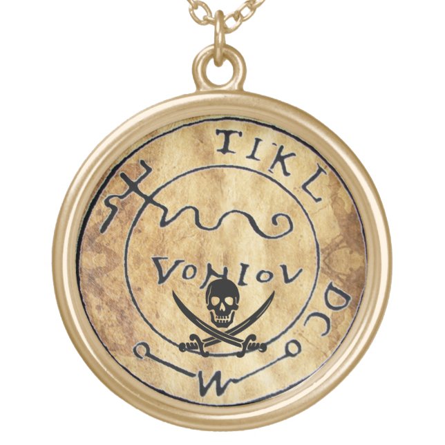 ANTIQUE  PIRATES TREASURE MAP ,SKULL AND SWORDS GOLD PLATED NECKLACE (Front)