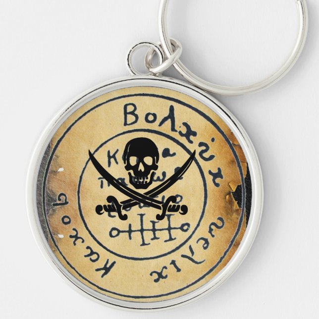 ANTIQUE  PIRATES TREASURE MAP ,SKULL AND SWORDS KEYCHAIN (Front)