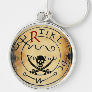 ANTIQUE PIRATES TREASURE MAP,SKULL AND SWORDS KEYCHAIN