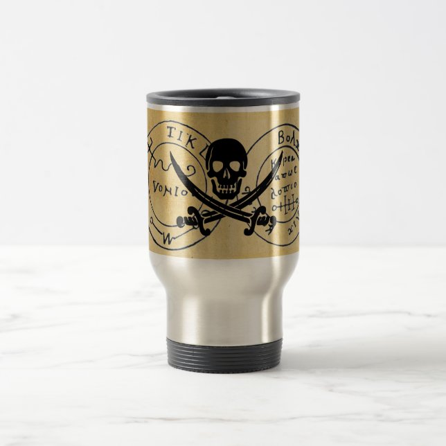 ANTIQUE  PIRATES TREASURE MAP ,SKULL AND SWORDS TRAVEL MUG (Center)