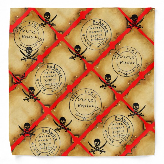ANTIQUE PIRATES TREASURE PARCHMENT,SKULL , SWORDS BANDANA (Front)