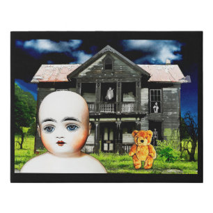 Antique Porcelain Doll Teddy bear Haunted house Faux Canvas Print