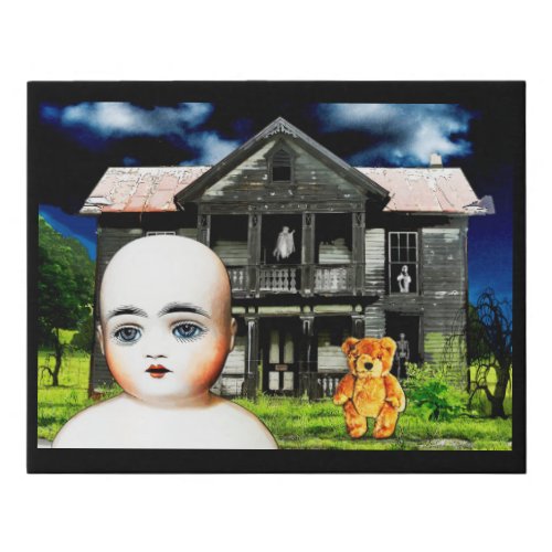 Antique Porcelain Doll Teddy bear Haunted house Faux Canvas Print