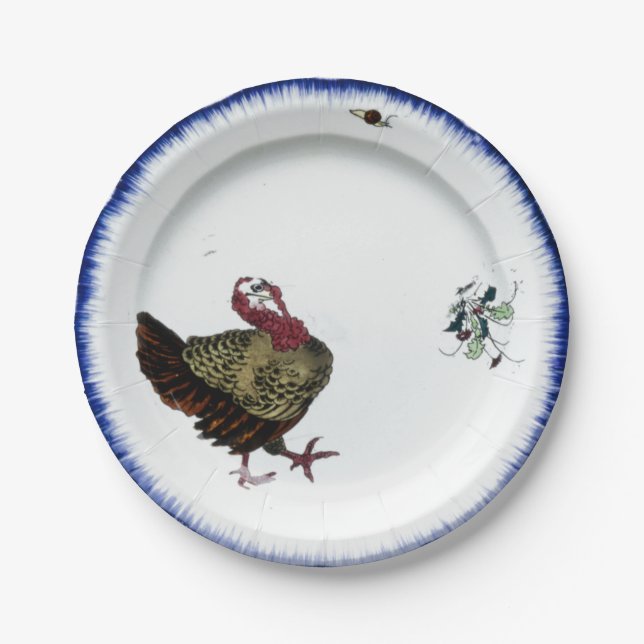 Antique porcelain turkey design Thanksgiving blue  Paper Plates (Front)