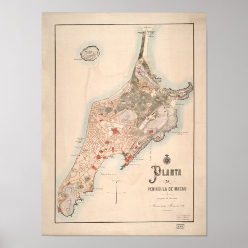 Antique Portugese Map of Macau 1889 Poster