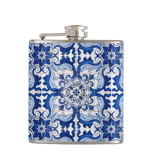 Antique Portuguese Azulejo Blue Pattern Flask