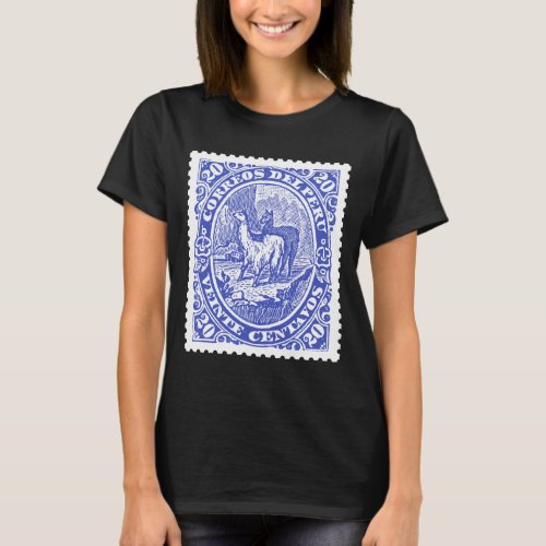 Antique Postage Stamp from Peru with Llamas Blue T_Shirt
