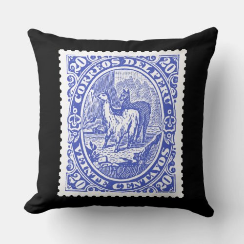 Antique Postage Stamp from Peru with Llamas Blue Throw Pillow