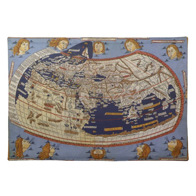 Antique Ptolemaic World Map, Johannes of Arnsheim Cloth Placemat (Front)