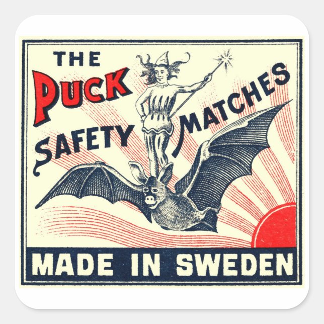 Antique Puck Riding Bat Swedish Matchbox Label (Front)