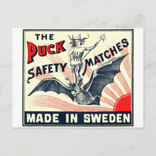 Antique Puck Riding Bat Swedish Matchbox Label Postcard