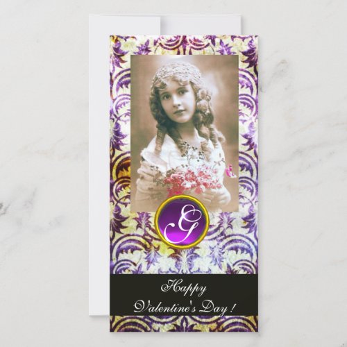 ANTIQUE PURPLE DAMASK Amethyst Monogram Holiday Card