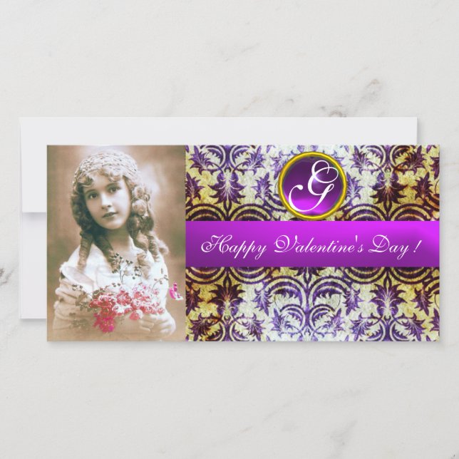 ANTIQUE PURPLE DAMASK Amethyst Monogram Holiday Card (Front)