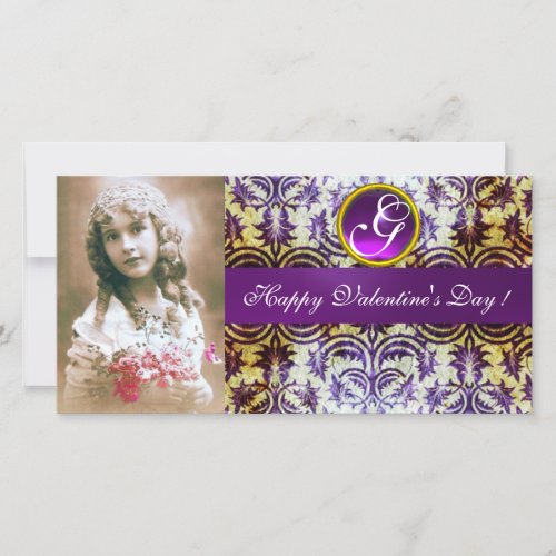 ANTIQUE PURPLE DAMASK Amethyst Monogram Holiday Card