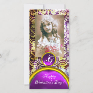 ANTIQUE PURPLE DAMASK Amethyst Monogram Holiday Card