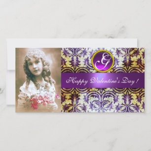 ANTIQUE PURPLE DAMASK Amethyst Monogram Holiday Card