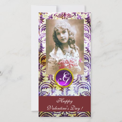 ANTIQUE PURPLE DAMASK Amethyst Monogram red Holiday Card