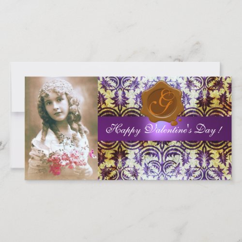 ANTIQUE PURPLE DAMASK BROWN WAX SEAL Monogram Holiday Card