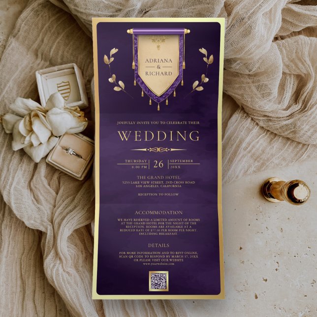 Antique Purple Gold Scroll Medieval Wedding Tri-Fold Invitation (Creator Uploaded)