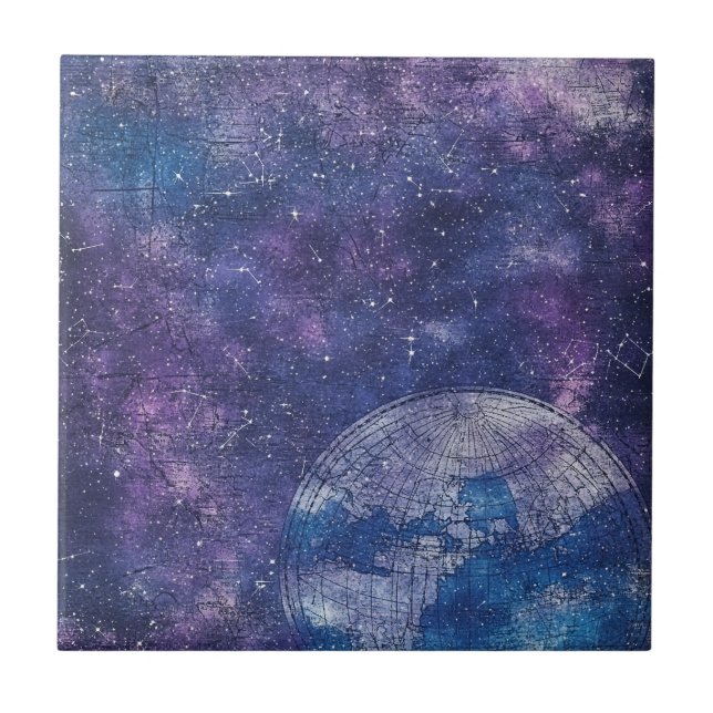 Antique Purple Star Chart World Map Ceramic Tile (Front)