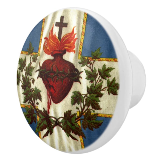 Antique Quebec Flag Sacred Heart Carillon Ceramic Knob (Right)