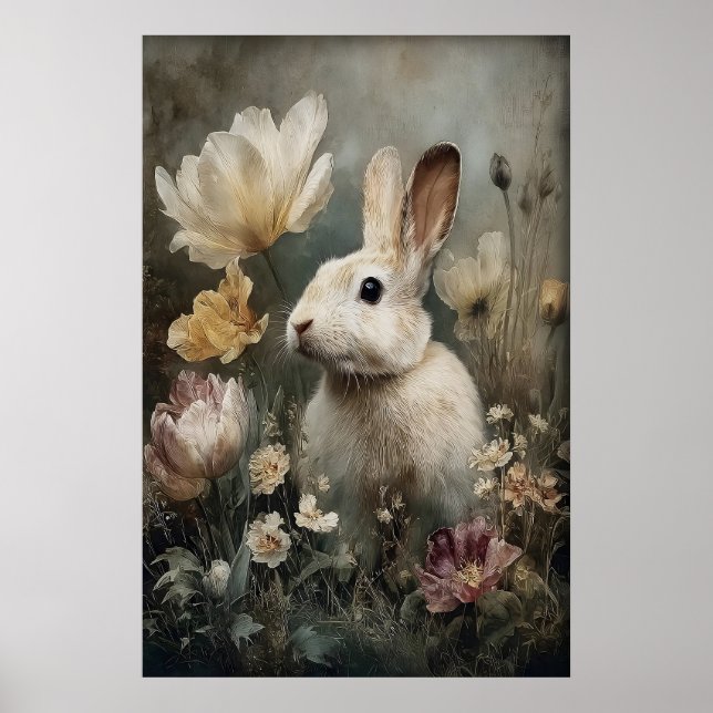 Antique Rabbit Bunny Flower Print, Easter Poster (Front)