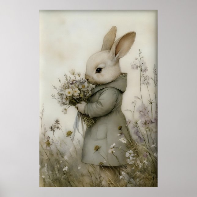 Antique Rabbit Flowers Print, Easter Bunny Poster (Front)