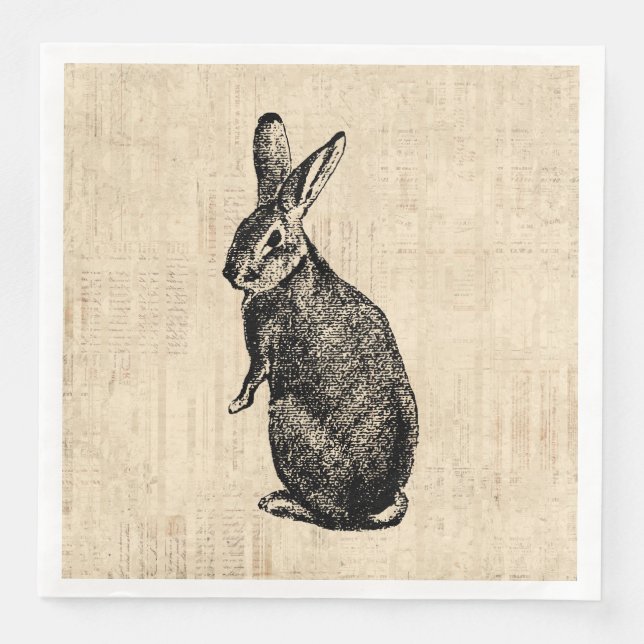 Antique Rabbit Illustration Bunny Art with Script Paper Dinner Napkins (Front)