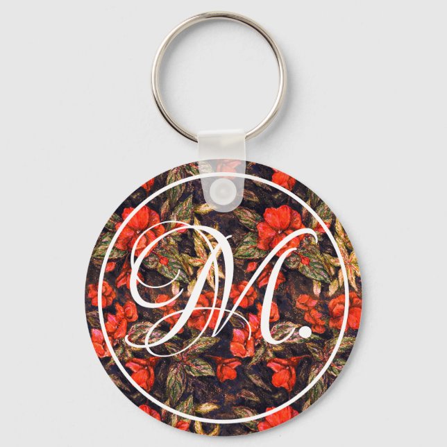 Antique Red Balsam Flowers & Monogram Keychain (Front)