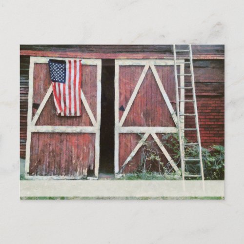 Antique Red Barn Doors With a Flag and Old Ladder Postcard