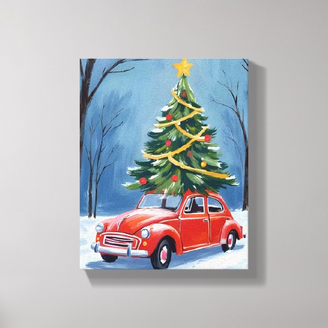 Antique Red Car Christmas Tree Canvas Print (Front)