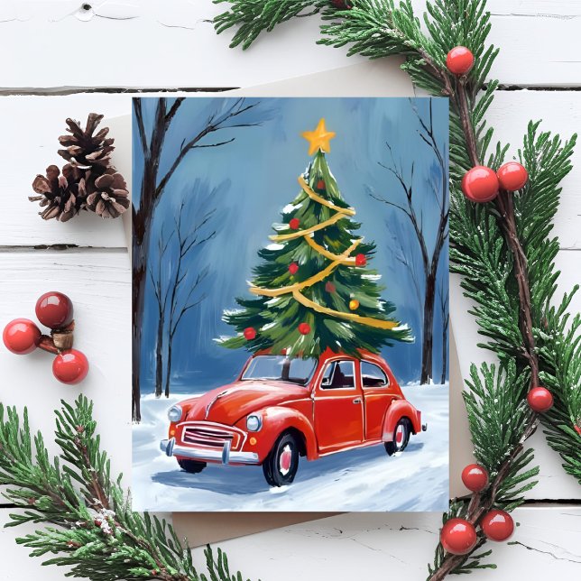 Antique Red Car Christmas Tree Holiday Card (Creator Uploaded)