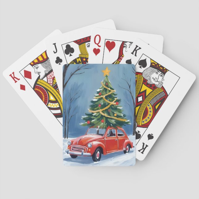 Antique Red Car Christmas Tree Poker Cards (Back)